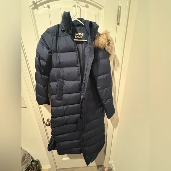 NWOT Lands End long winter down parka puffer coat navy blue XS 2-4 - Picture 5 of 14